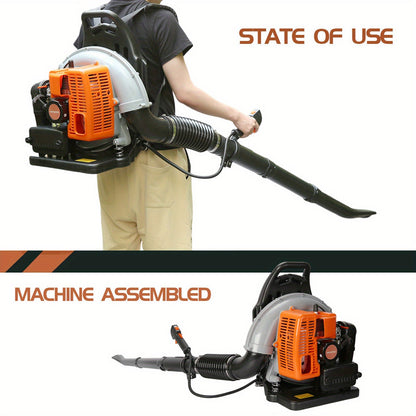 Backpack Gas Leaf Blower in Orange with 2-Stroke Engine Label, Flexible Elbow, Long Tube and Control Handle