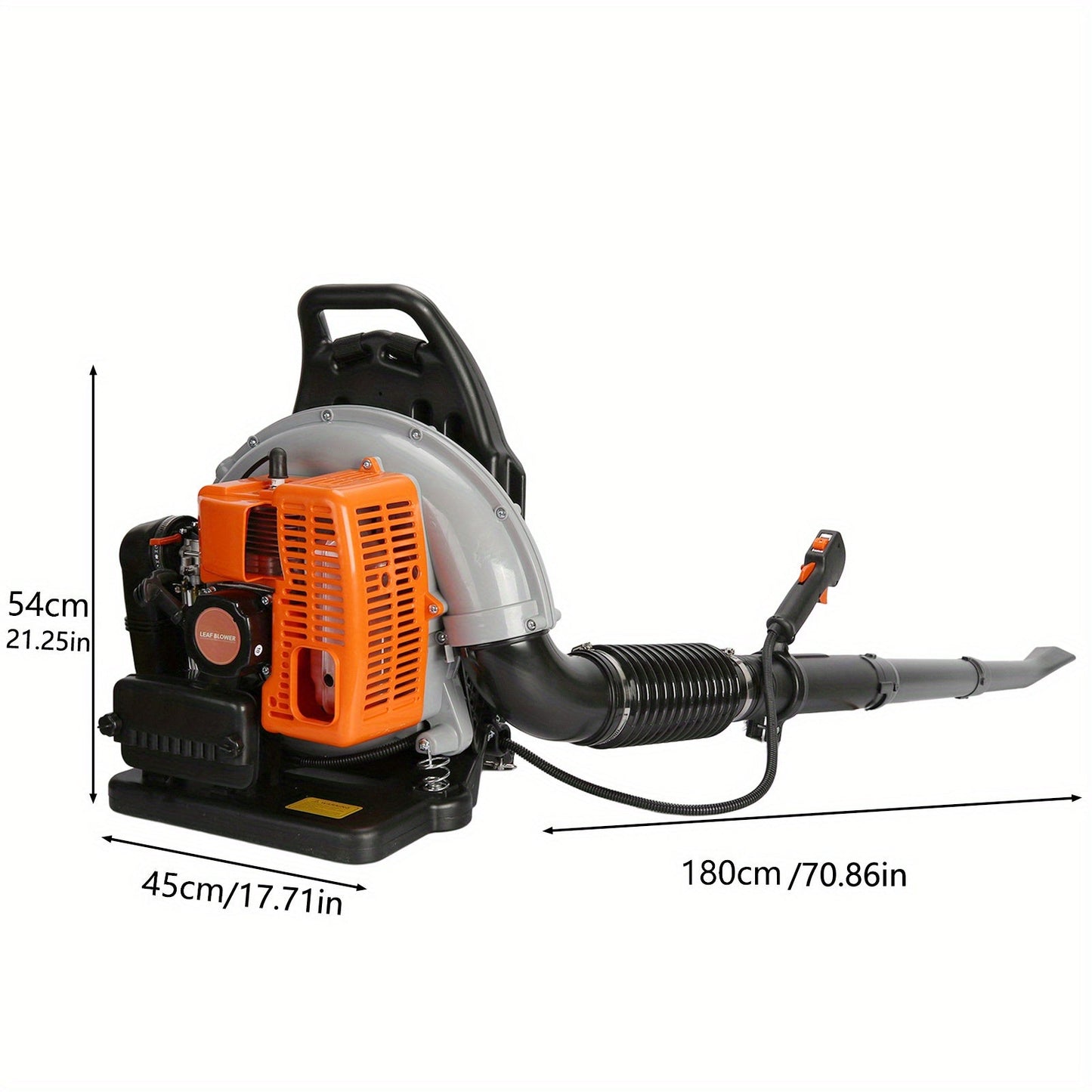 Backpack Gas Leaf Blower in Orange with 2-Stroke Engine Label, Flexible Elbow, Long Tube and Control Handle