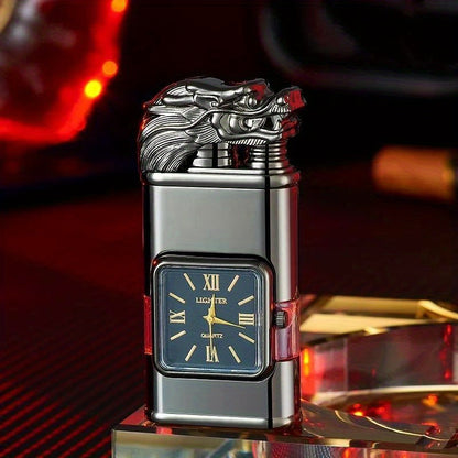 Quartz-Dial Torch Lighter with Rectangular Black Body and Three Sculpted Top Style Options
