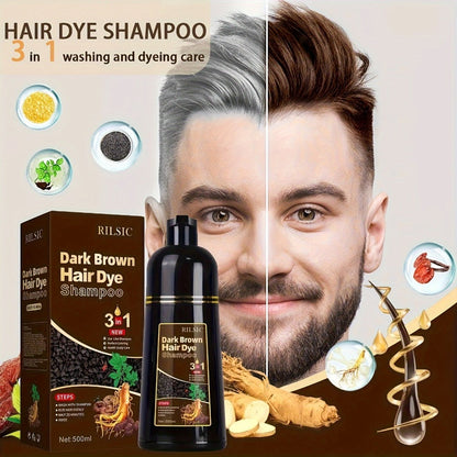 Gray Hair Coverage Shampoo 3-in-1 Hair Dye Shampoo 3-Pack | Herbal Natural Formula Color in Minutes | Long-Lasting Black Brown Chestnut Brown | No Mixing Easy Home Hair Color for Men & Women