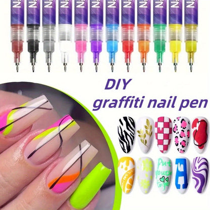 Nail Art Pens 12-Color Water-Based Marker Set with Round Clear Bodies and Extra-Fine Detail Tips