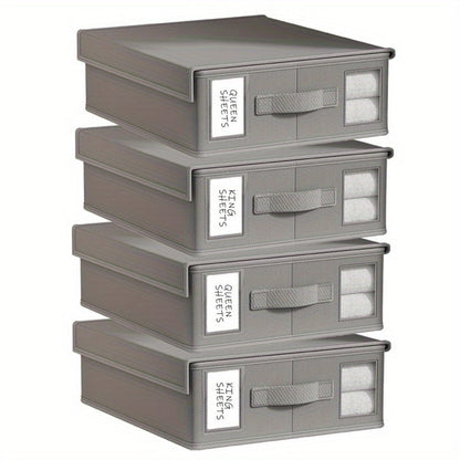 Bed Sheet Storage Organizer Boxes 4-Pack Foldable Fabric Bins with Clear Window & Label, Closet Bedding Storage Box for Sheets Duvet Covers Blankets Pillowcases, Oxford or Non-Woven, Grey Beige