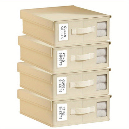 Bed Sheet Storage Organizer Boxes 4-Pack Foldable Fabric Bins with Clear Window & Label, Closet Bedding Storage Box for Sheets Duvet Covers Blankets Pillowcases, Oxford or Non-Woven, Grey Beige