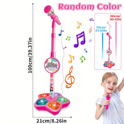 Kids Karaoke Microphone with Stand & Amplifier – Singing Toy for Girls Boys Age 3+, Random Print Design, Birthday Gift, Blue / Black / Pink