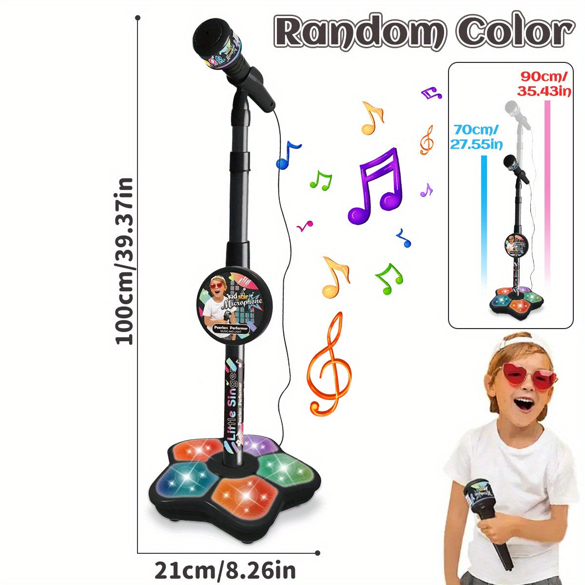Kids Karaoke Microphone with Stand & Amplifier – Singing Toy for Girls Boys Age 3+, Random Print Design, Birthday Gift, Blue / Black / Pink