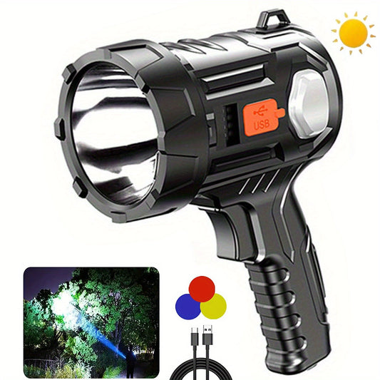 Flashlight 2000-Lumen Solar and USB-C Searchlight with Six Modes, Color Filters and USB Power Output