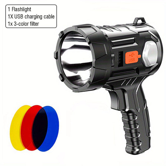 Flashlight 2000-Lumen Solar and USB-C Searchlight with Six Modes, Color Filters and USB Power Output
