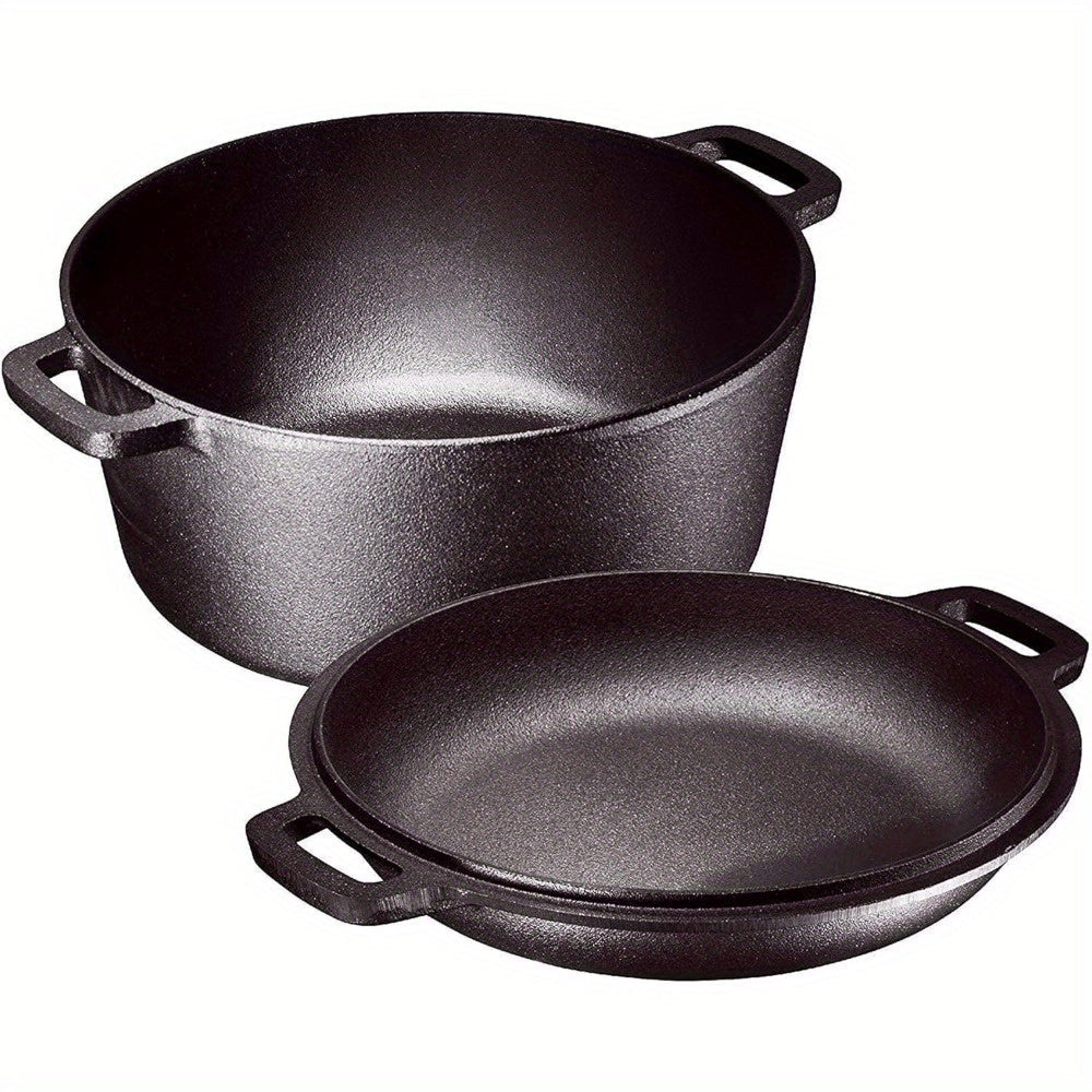 5QT Pre-Seasoned-Labeled Cast Iron Dutch Oven with Reversible 2QT Skillet Lid and Dual Loop Handles
