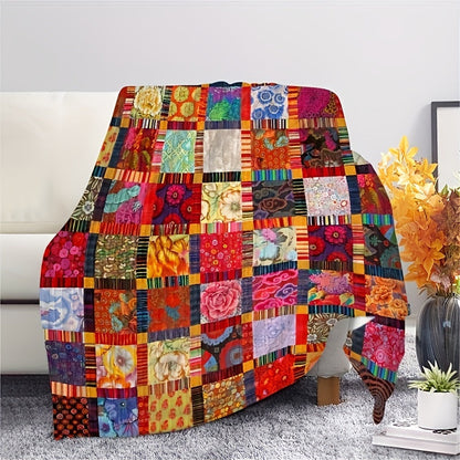 Multicolor Patchwork-Style Throw Blanket with Geometric Squares in Displayed 60 x 80-Inch Size for Sofa or Bed