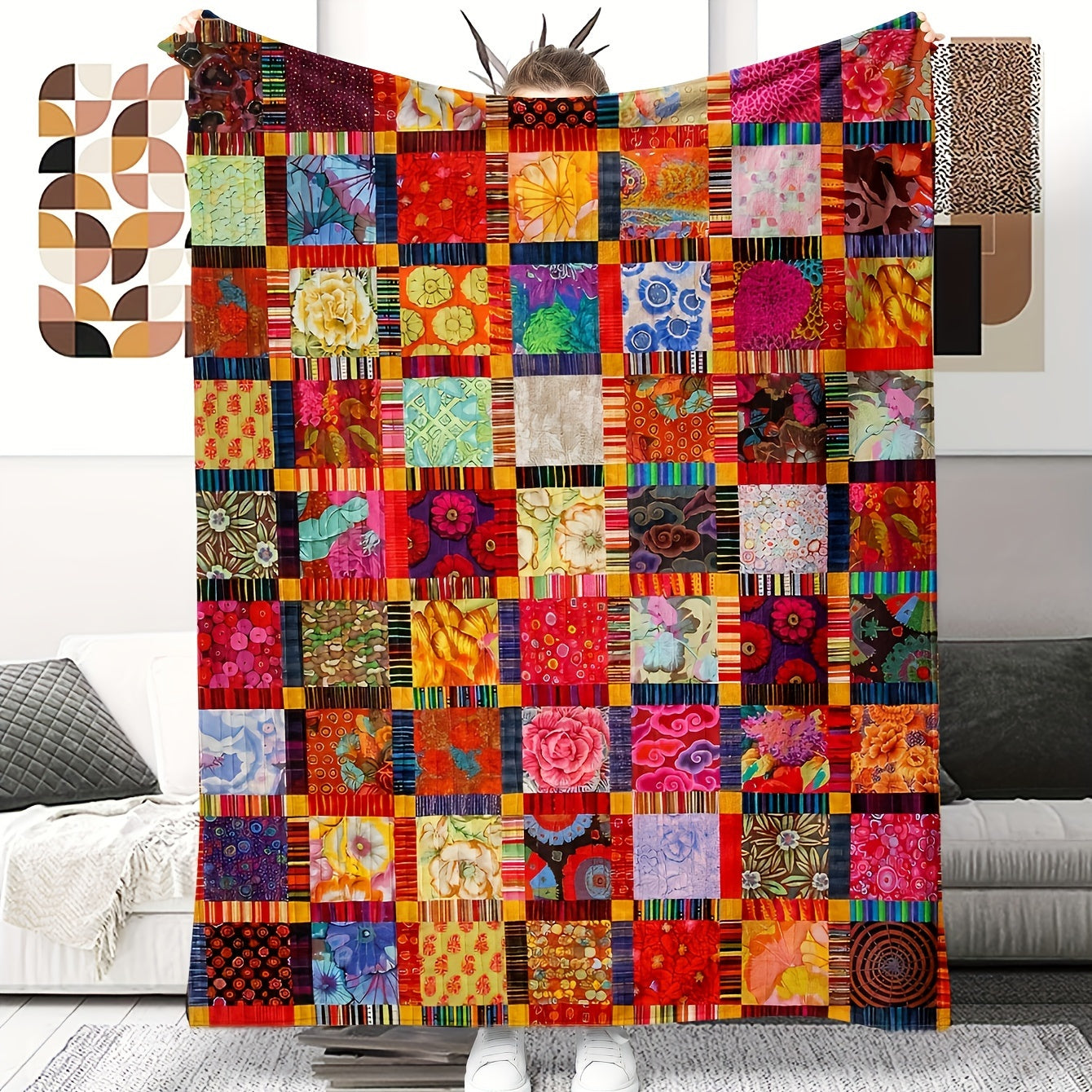 Multicolor Patchwork-Style Throw Blanket with Geometric Squares in Displayed 60 x 80-Inch Size for Sofa or Bed