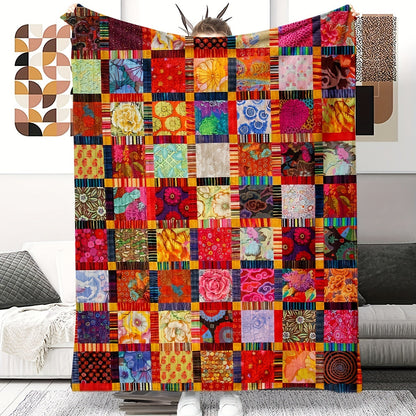 Multicolor Patchwork-Style Throw Blanket with Geometric Squares in Displayed 60 x 80-Inch Size for Sofa or Bed
