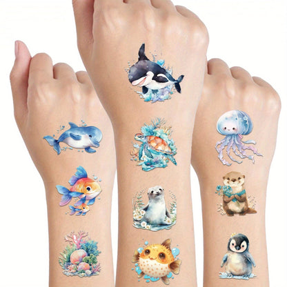 Ocean Animals Temporary Tattoo Stickers 12 Sheets 48 Designs Underwater Sea Creatures Cartoon Vibrant Body Art for Kids Adults Birthday Party Summer Beach Favors
