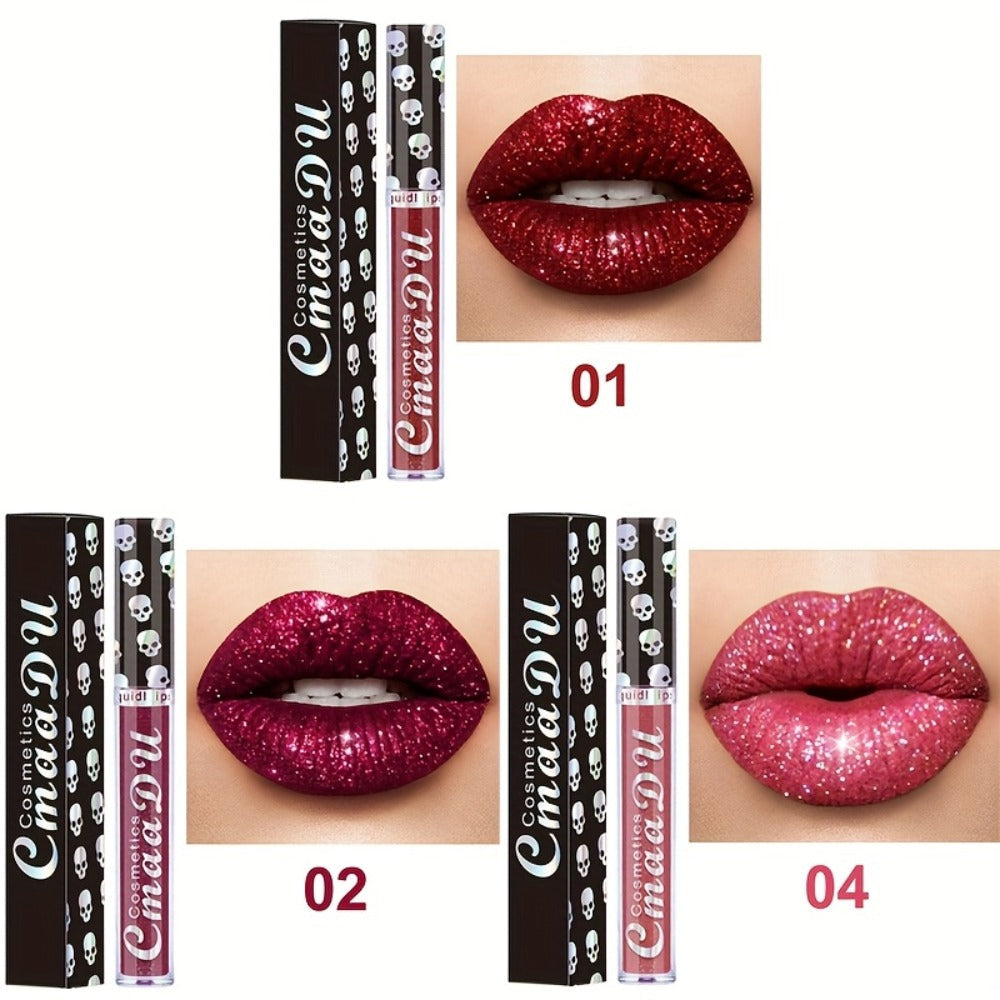 Three-Piece Skull-Design Glitter Lip Gloss Set with Nine Exact Color Combination Checkout Options