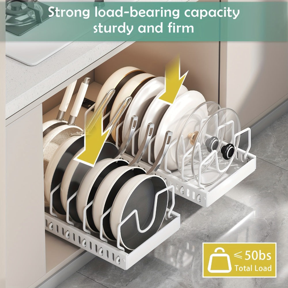 Two-Piece Pull-Out Cabinet Organizer for Pot Lids and Cookware with Removable Dividers in Black or White