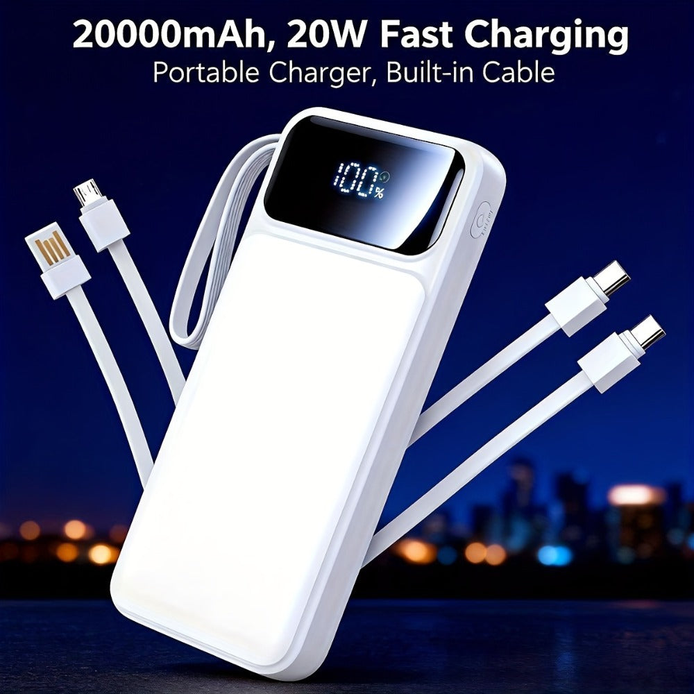 20000mAh Power Bank with Four Built-In Cable Leads, 20W Marking, Percentage Display and Three Colors
