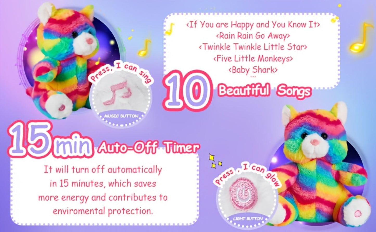 Plush Toy – Rainbow Cat with Glowing Color Points and Music for Bright Interactive Display