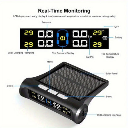 Solar TPMS Tire Pressure Monitoring System – Solar & USB Charging, 5 Alarm Modes, Color Display for 4-Wheel Vehicles