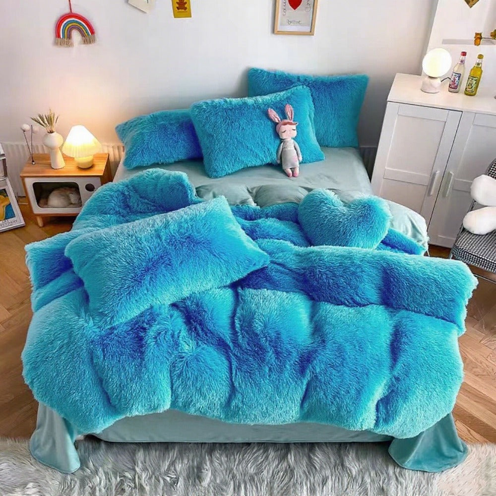 Plush Faux Fur Duvet Cover Set with Heart Pillow, Corner Ties and Twin, Queen or King Sizes in Eight Colors