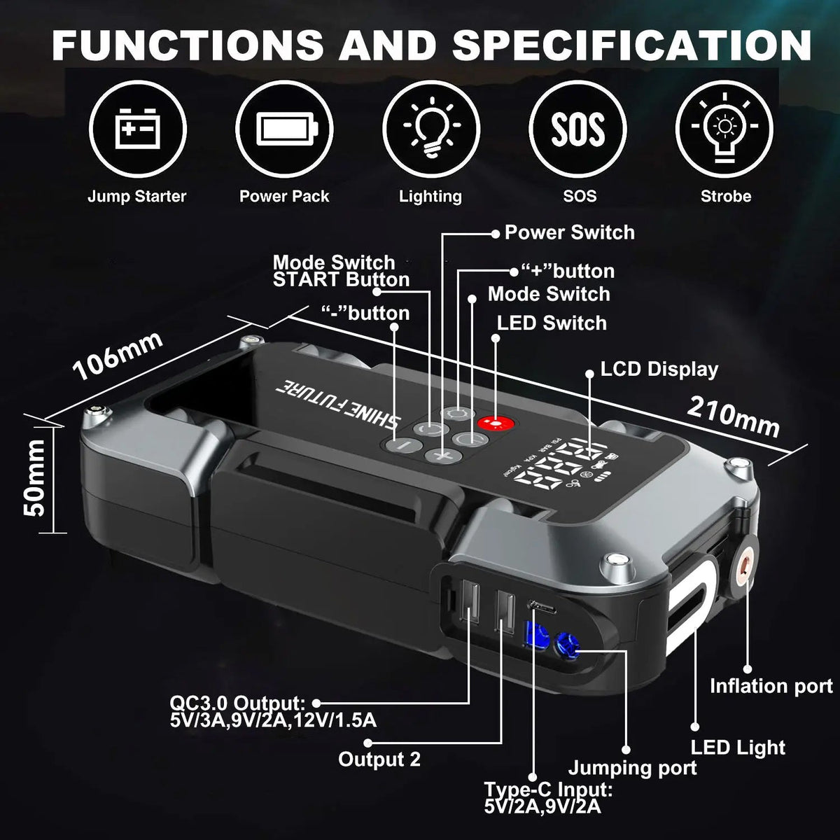 Portable Jump Starter Kit 4000A Peak 6-in-1 Battery Booster with Tire Inflator Power Bank Lithium for Garden, Patio and Yard Use