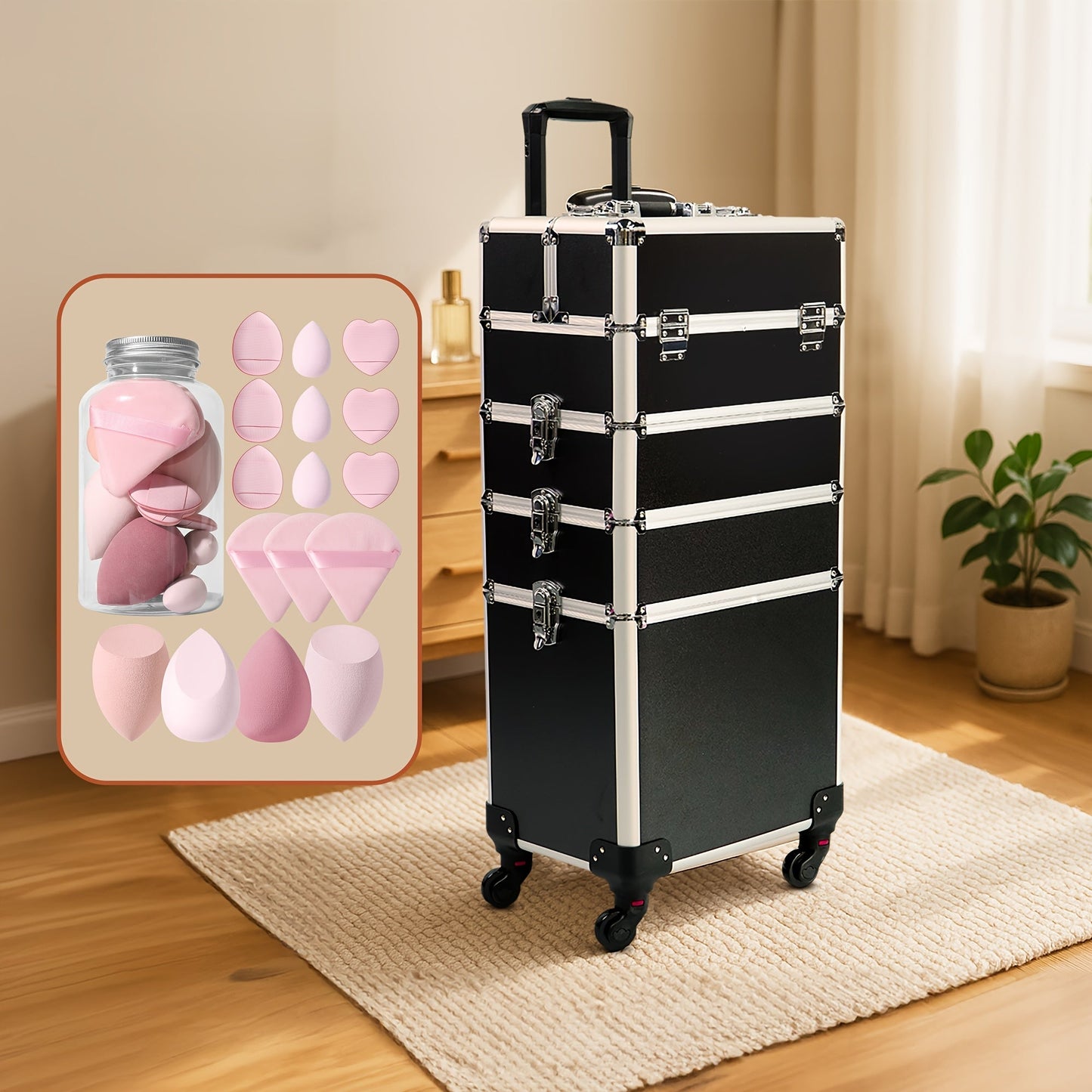 Black Four-Level Rolling Makeup Train Case with Telescoping Handle, Four Trays and Detachable Caster Wheels