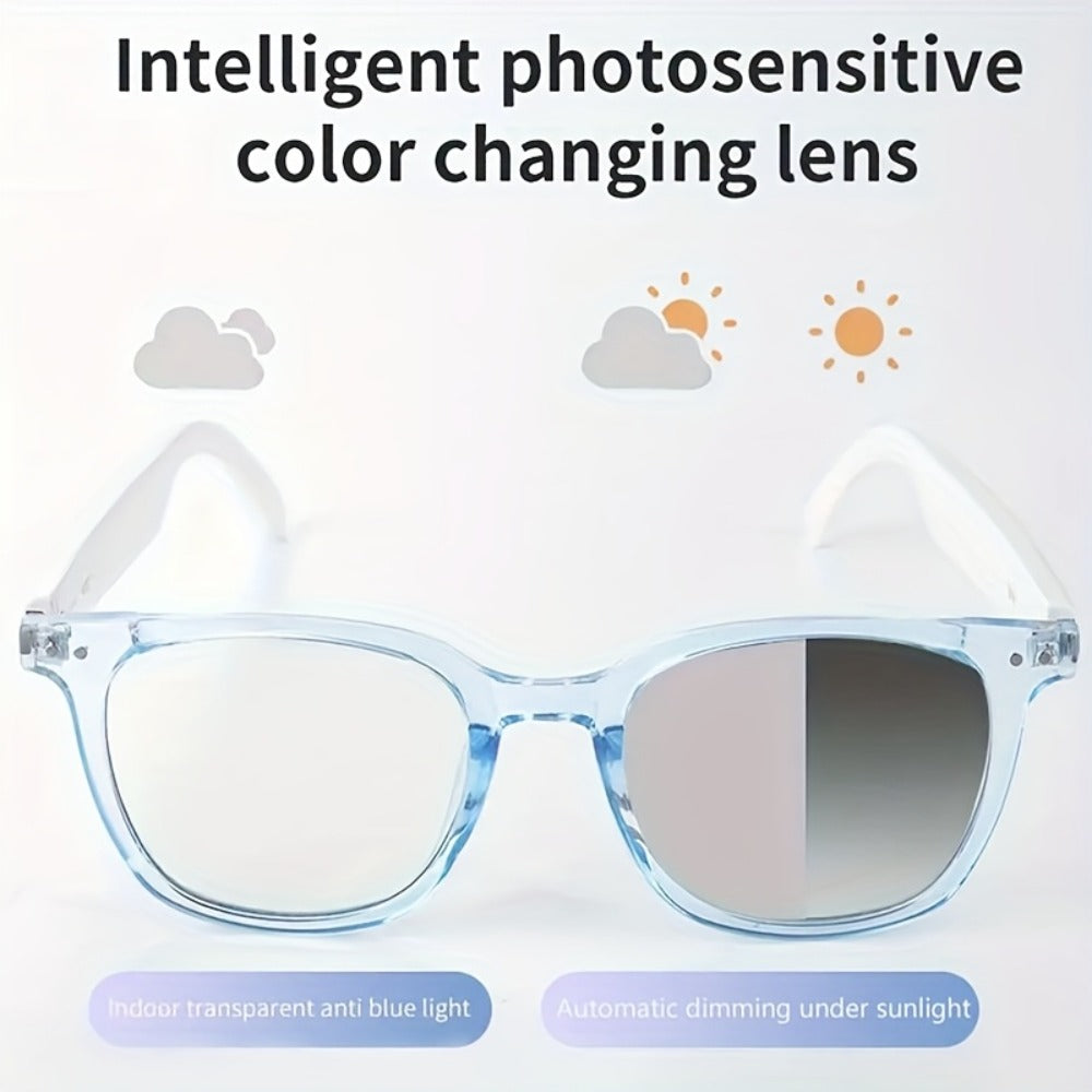Bluetooth Smart Glasses with Photochromic Auto Dimming Lenses & Anti Blue Light – Wireless Built-in Speaker | Music & Hands-Free Calls | Magnetic Charging | Black White Gold Blue | Wearable Tech Gift