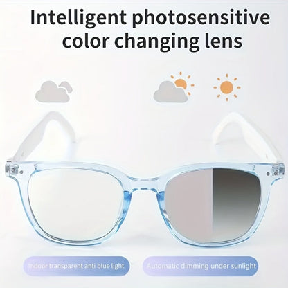 Bluetooth Smart Glasses with Photochromic Auto Dimming Lenses & Anti Blue Light – Wireless Built-in Speaker | Music & Hands-Free Calls | Magnetic Charging | Black White Gold Blue | Wearable Tech Gift