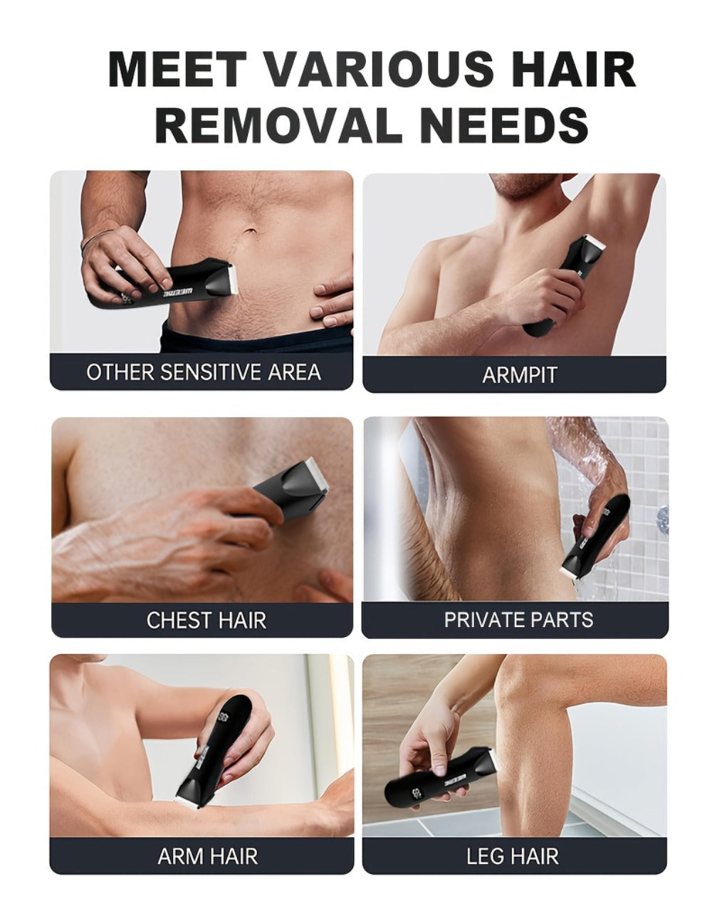 Rechargeable Men's Body Hair Trimmer in Black with LCD Display and LED Light for Chest, Legs and Underarms