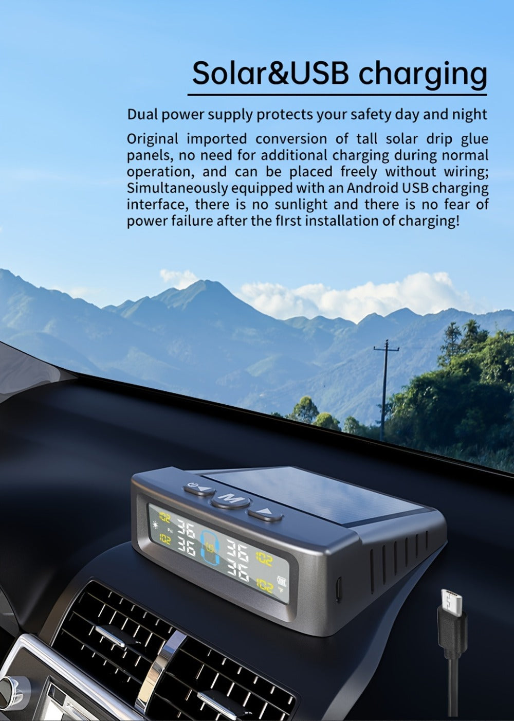 TPMS Tire Pressure Monitoring System – Wireless Solar & USB Powered, External Sensors, Universal Fit for 36V & Below Vehicles, Model T12