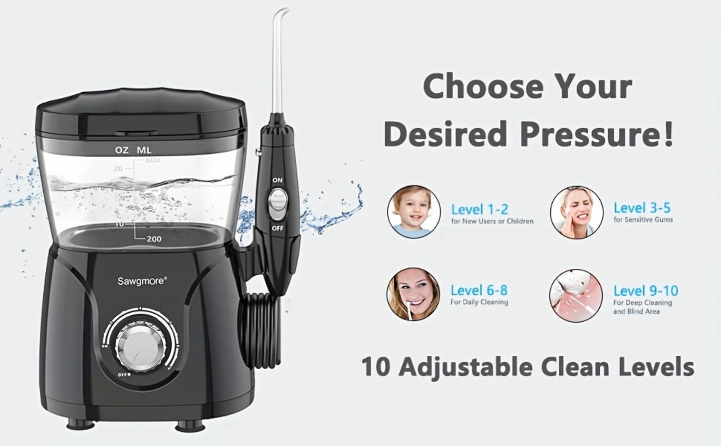 600 ml Desktop Water Flosser in Black with 10 Pressure Levels, Eight Nozzles and Large Tank