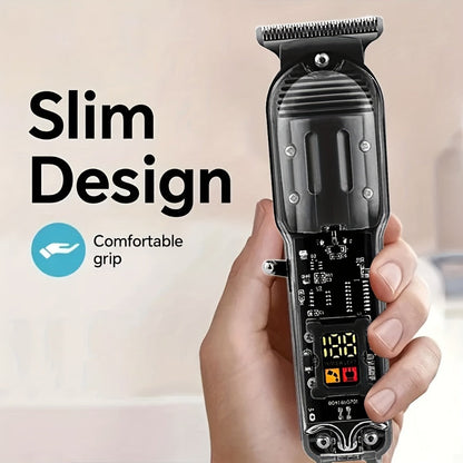 Professional Hair Cutting Kit for Men - Transparent USB Rechargeable Hair Clipper with LCD Display, T-Blade Trimmer, Electric Shaver, 4 Guide Combs & Cleaning Brush - Home Barber Grooming Gift Set