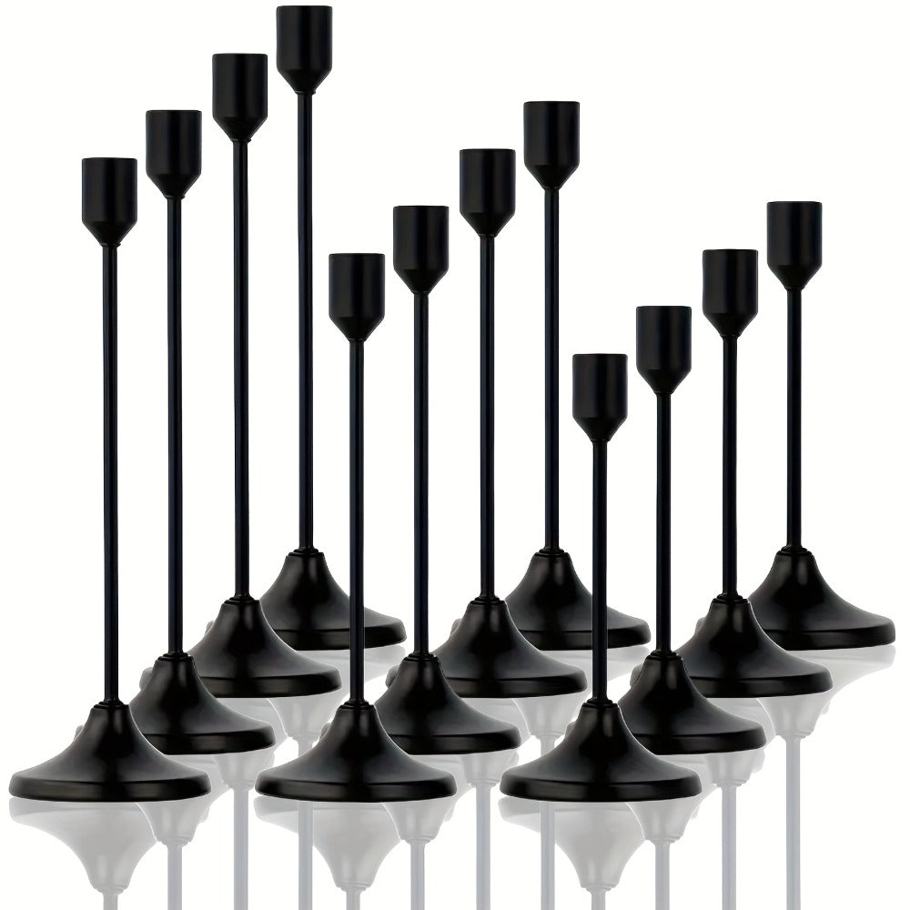 Candle Holder Set 12-Piece Metal Taper Stands in Three Heights with Gold, Silver or Black Finish Options