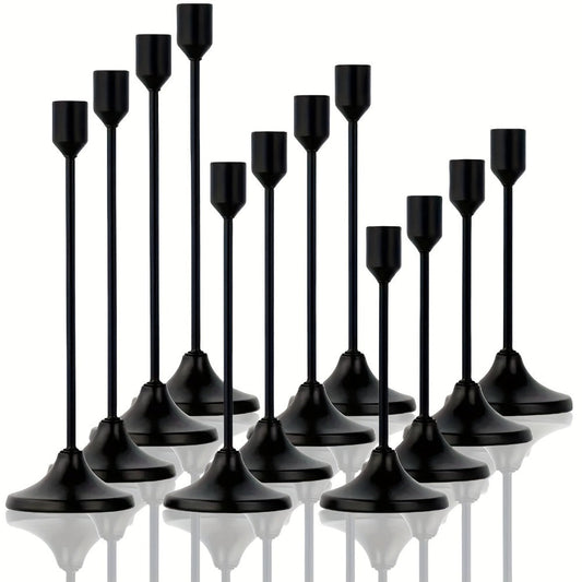 Candle Holder Set 12-Piece Metal Taper Stands in Three Heights with Gold, Silver or Black Finish Options