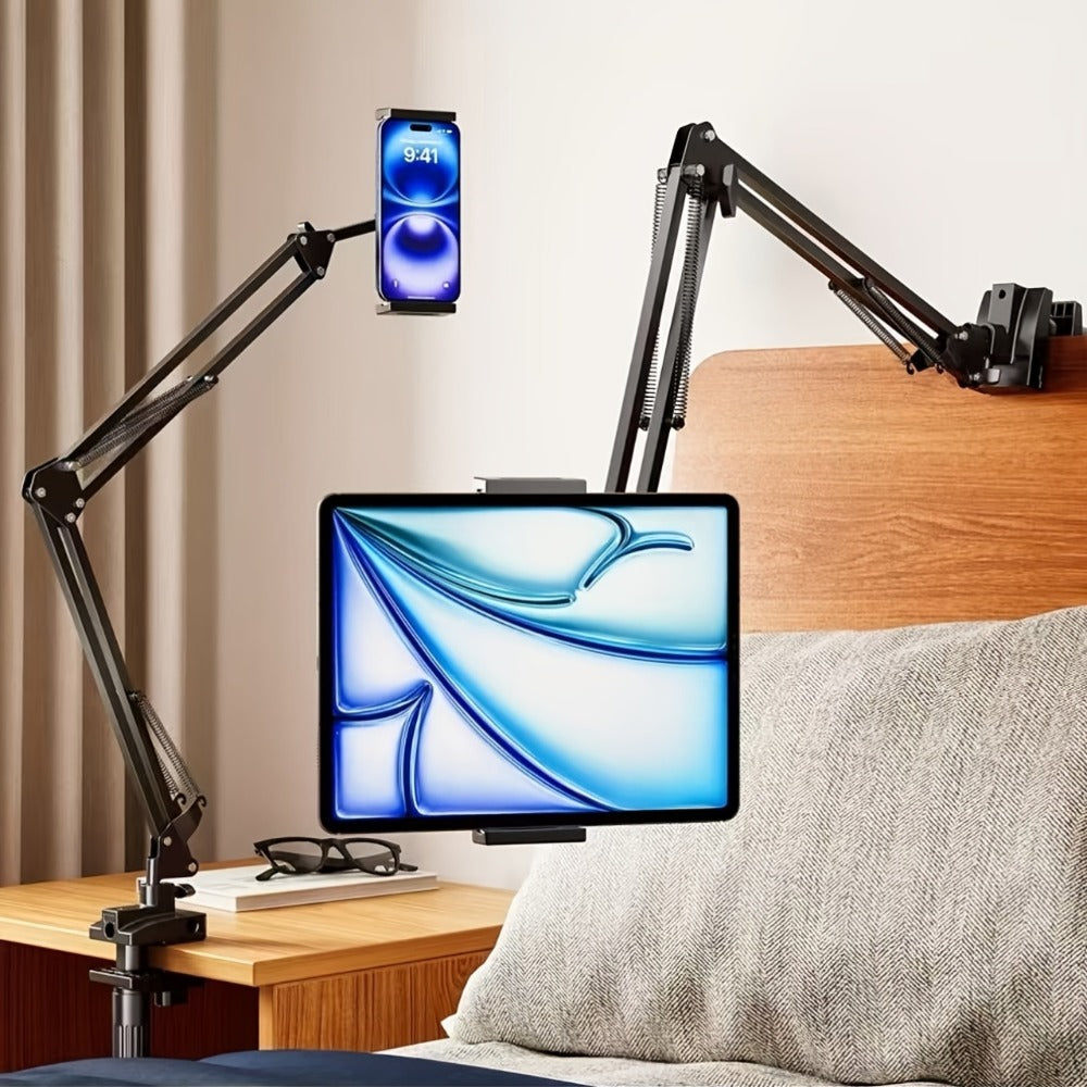 Desk-Clamp Phone and Tablet Holder with Long Articulating Arm, Rotating Device Clamp and Exact Universal Option