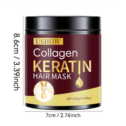 USHOW 250g Collagen and Keratin Hair Mask in Round Jar with Black Screw-Top Lid and Gold-Trim Label