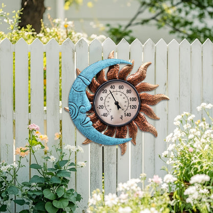 13.8-Inch Sun and Moon Outdoor Thermometer with Analog Dial and Blue-Bronze Wall-Mount Frame