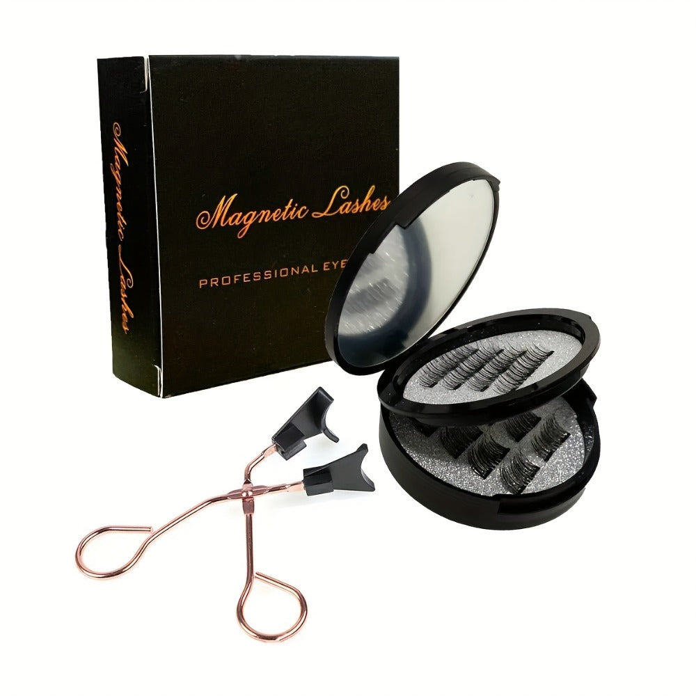 Magnetic False Eyelashes Kit with Eight Pairs, Round Storage Case and Metal Applicator Clip