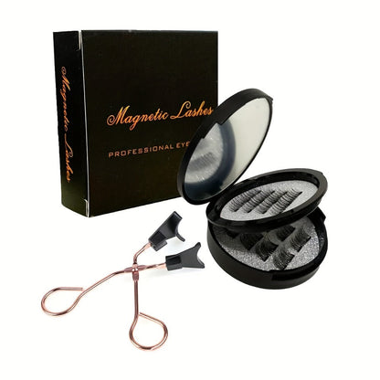 Magnetic False Eyelashes Kit with Eight Pairs, Round Storage Case and Metal Applicator Clip