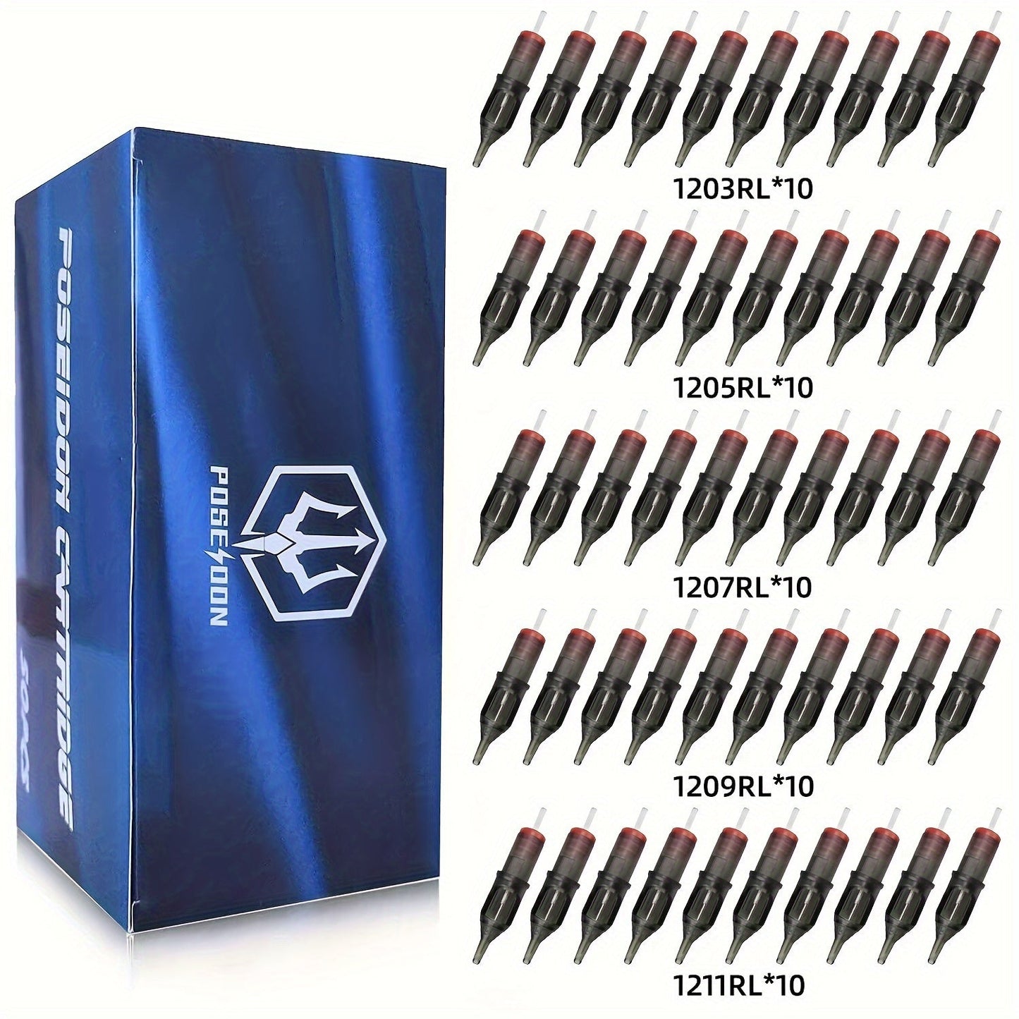 Tattoo Cartridge Needles with Poseidon Label, 50-Piece Long-Taper Round Liner Assorted Pack