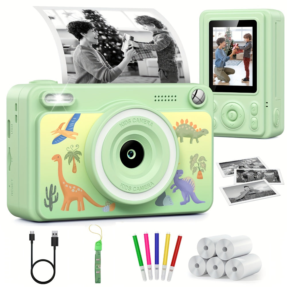 Kids Instant Print Camera with Cartoon Unicorn or Dinosaur Design, Paper Rolls, Color Pens and Four Color Options