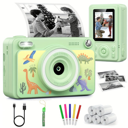 Kids Instant Print Camera with Cartoon Unicorn or Dinosaur Design, Paper Rolls, Color Pens and Four Color Options