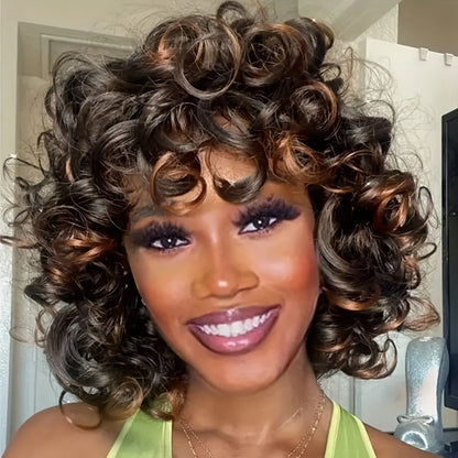 Kinky Curly Afro Wig with Bangs 14 Inch Synthetic Ombre 2 Tone Black Brown Golden Natural Volume | Daily Wear Hair Replacement Wig for Black Women