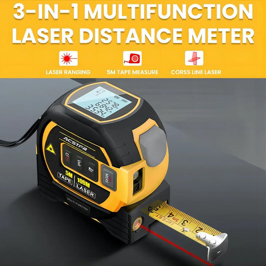 3-in-1 Laser Tape Measure Digital Laser Rangefinder Steel Tape Measure Cross Laser Level High Precision Color Screen Voice Broadcast for Construction Home DIY Measurement