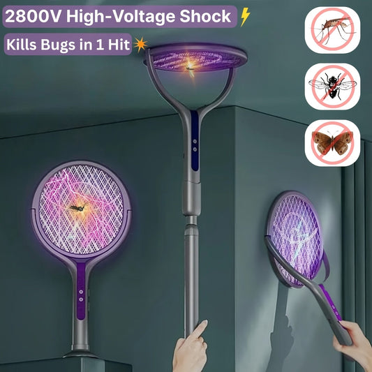 2-in-1 Mosquito Trap Lamp & Retractable Electric Fly Swatter Racket – USB Rechargeable Base, Extendable Handle Bug Zapper for Home & Bedroom Pest Control