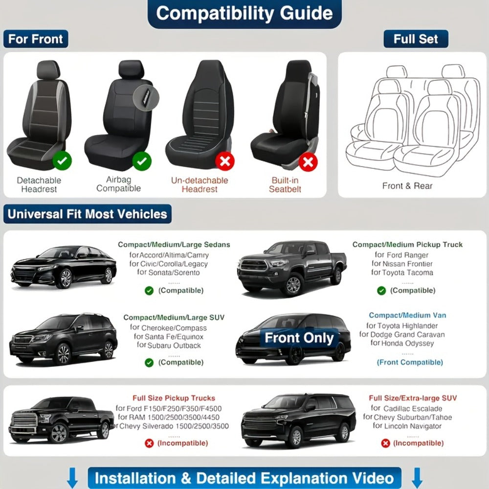 Car Seat Covers 3D Diamond-Embroidered Faux Leather with Two-Front or Five-Seat Set Options