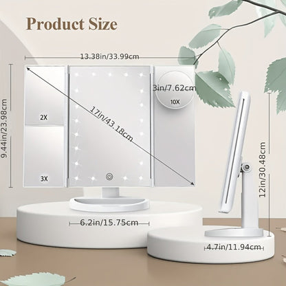 LED Tri-Fold Makeup Mirror with Touch Screen, 1X/2X/3X/10X Magnifying Vanity Mirror, Flexible Adjustable Base
