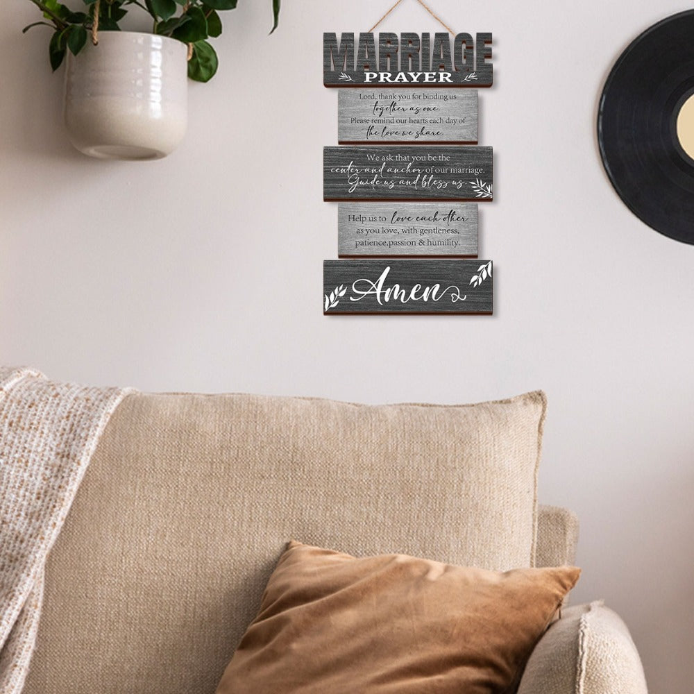 Six-Panel Marriage Prayer Wall Sign Set with Rope Hangers and Rustic Gray Printed Plaque Design