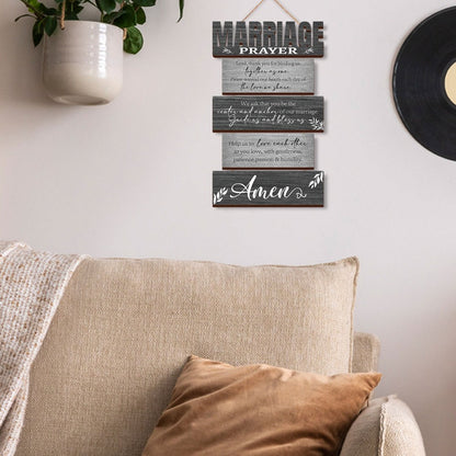 Six-Panel Marriage Prayer Wall Sign Set with Rope Hangers and Rustic Gray Printed Plaque Design