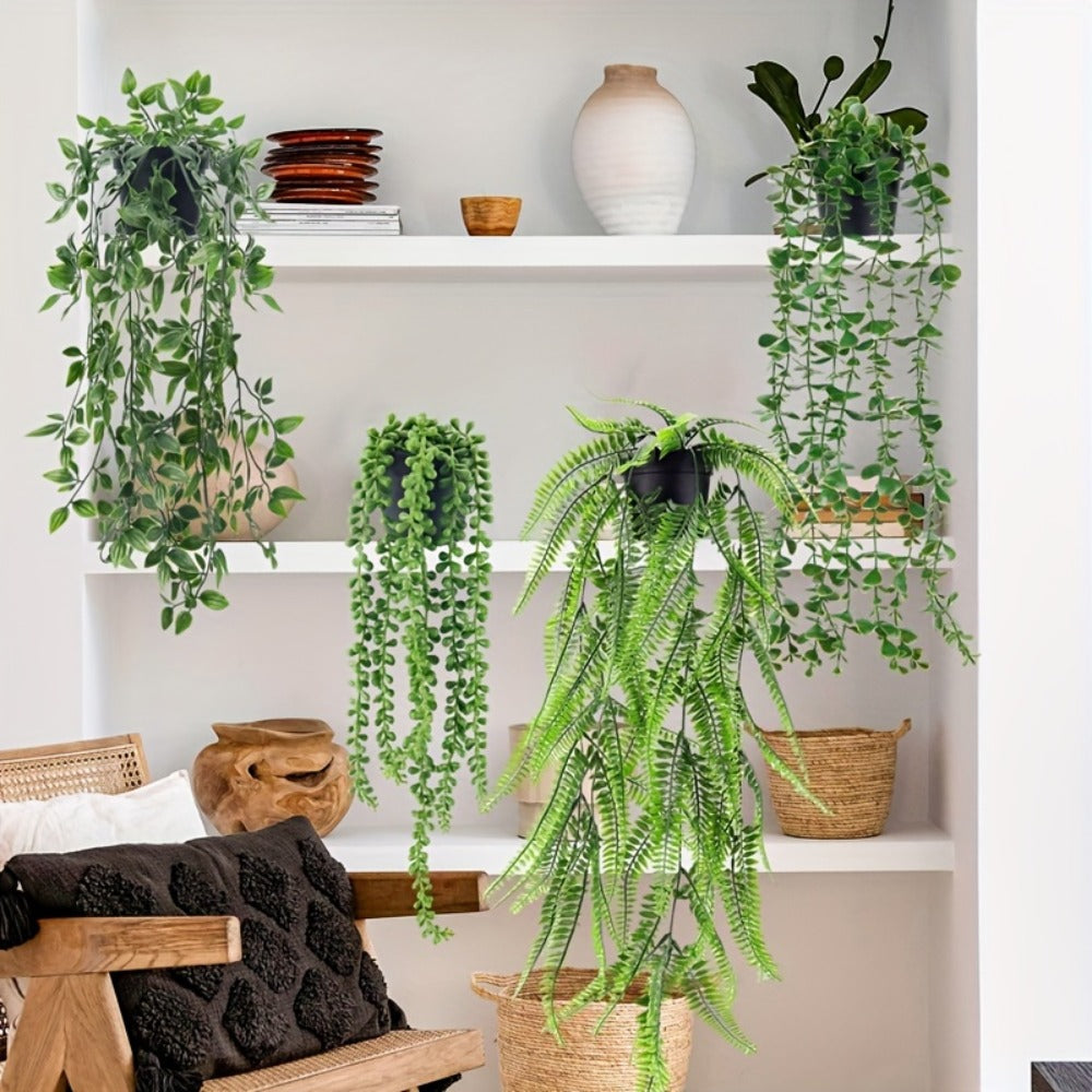 Hanging Artificial Greenery Vines, Four-Piece Mixed Pack with Boston Fern, Eucalyptus and Trailing Styles