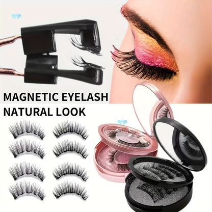 Magnetic False Eyelashes Kit with Eight Pairs, Round Storage Case and Metal Applicator Clip