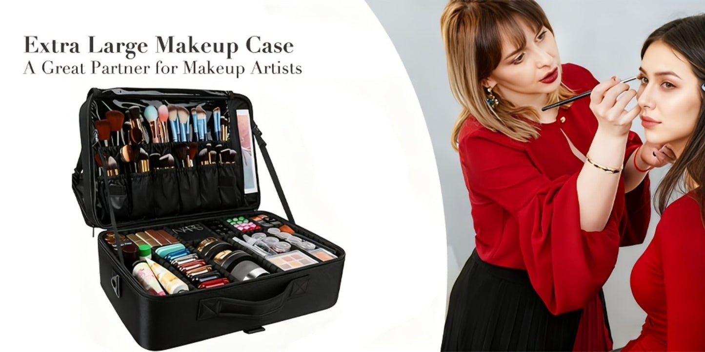 Black 15.8-Inch Soft Makeup Train Case with Three-Layer Interior, Brush Panel and Shoulder Strap